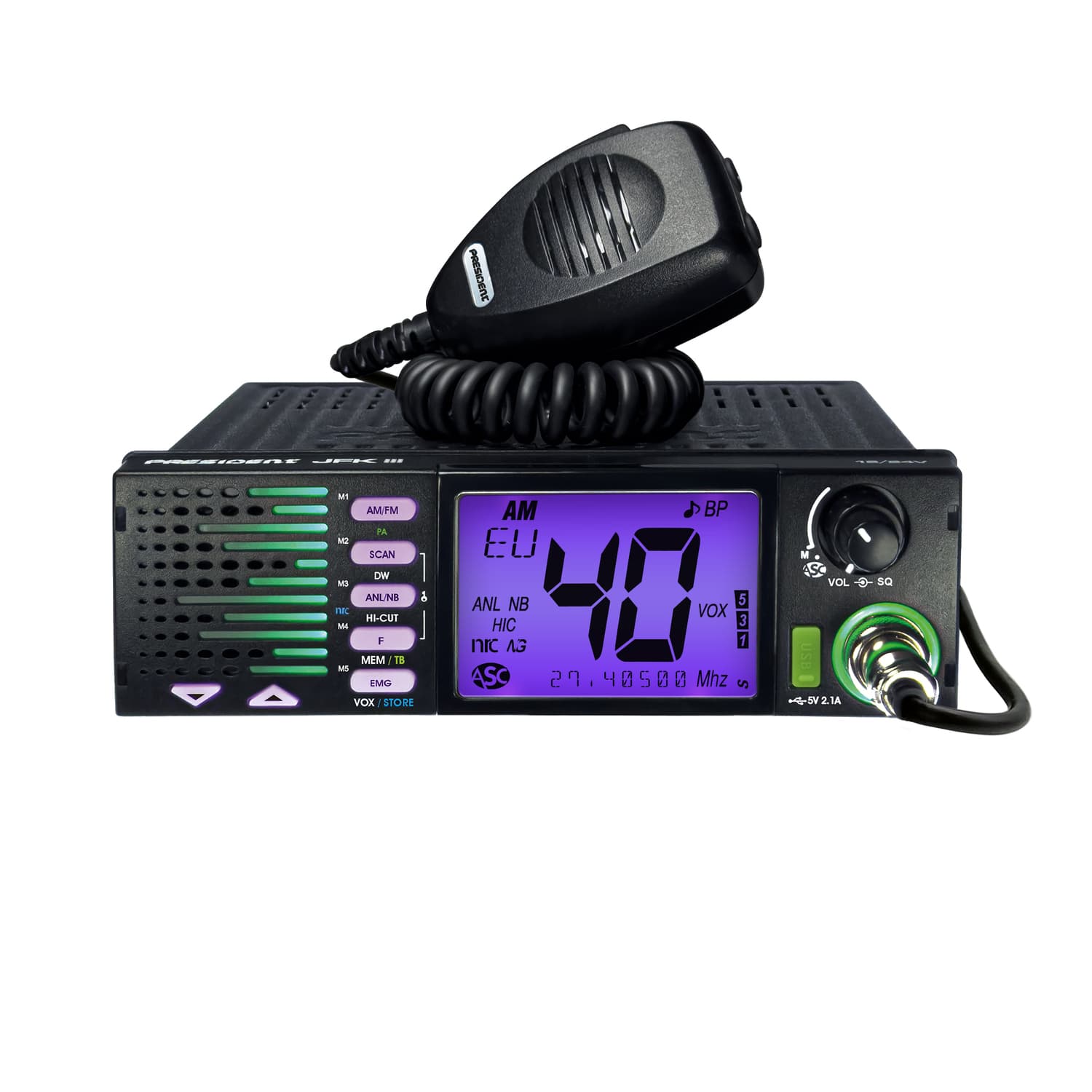 President JFK III CB radio AM/FM z ASC, filtr NRC, zasilanie 12/24V, montaż 1-DIN, głośnik z przodu, 7-kolorów