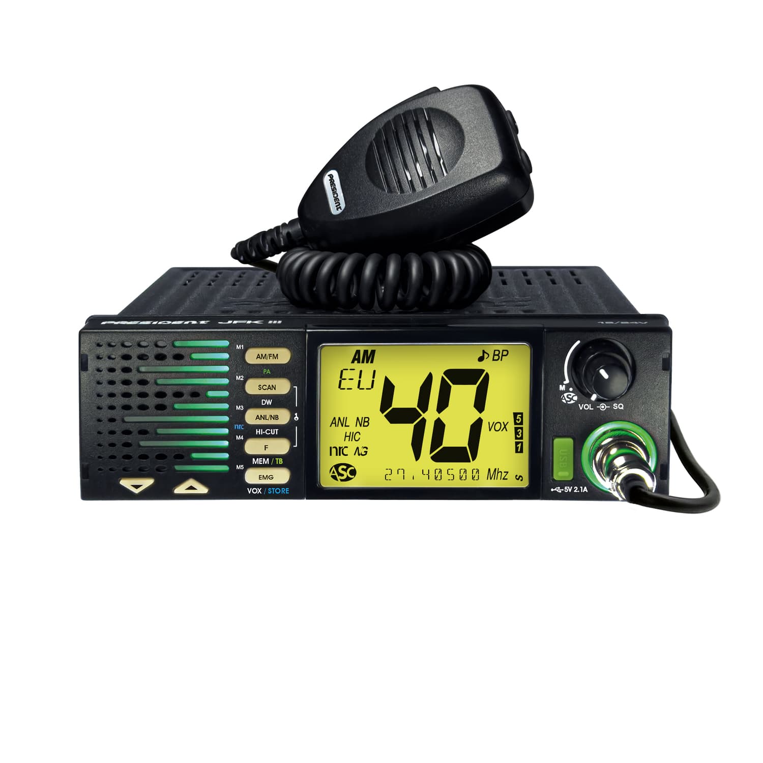 President JFK III CB radio AM/FM z ASC, filtr NRC, zasilanie 12/24V, montaż 1-DIN, głośnik z przodu, 7-kolorów