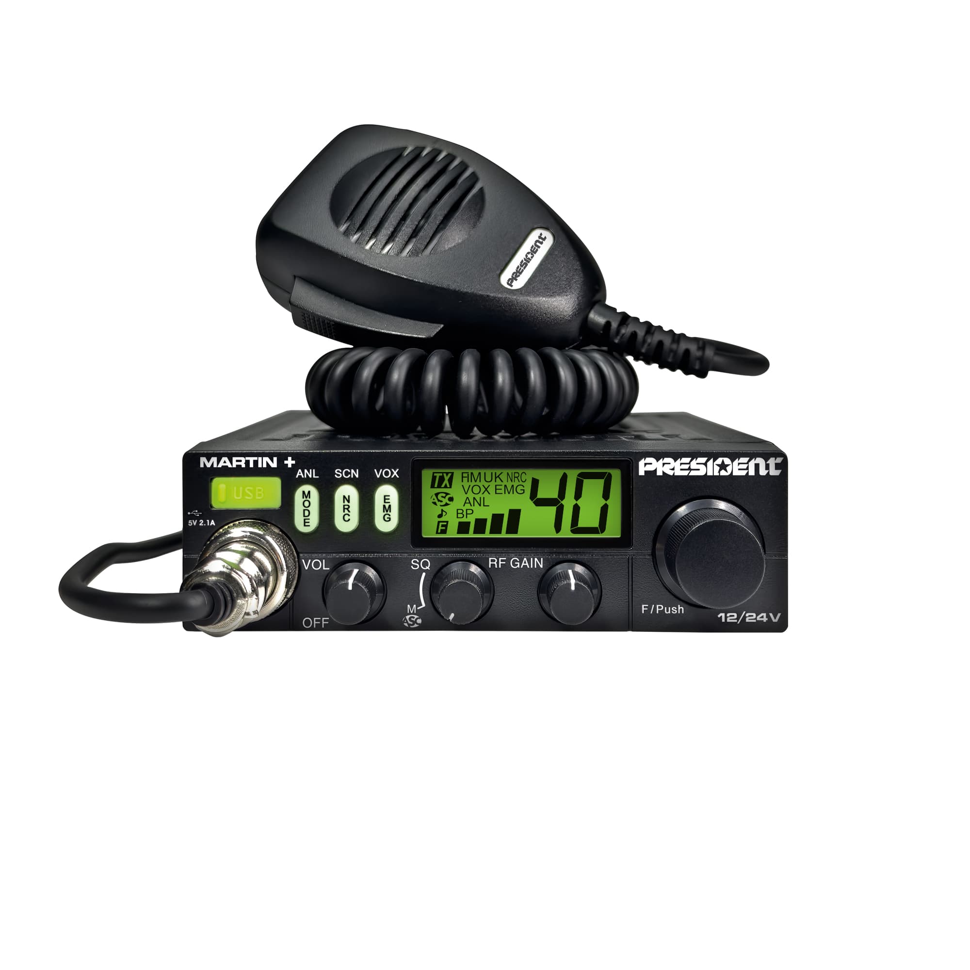 PRESIDENT MARTIN + kompaktowe radio CB 12/24V, ASC, RF Gain, NRC, port USB (President Martin Plus)