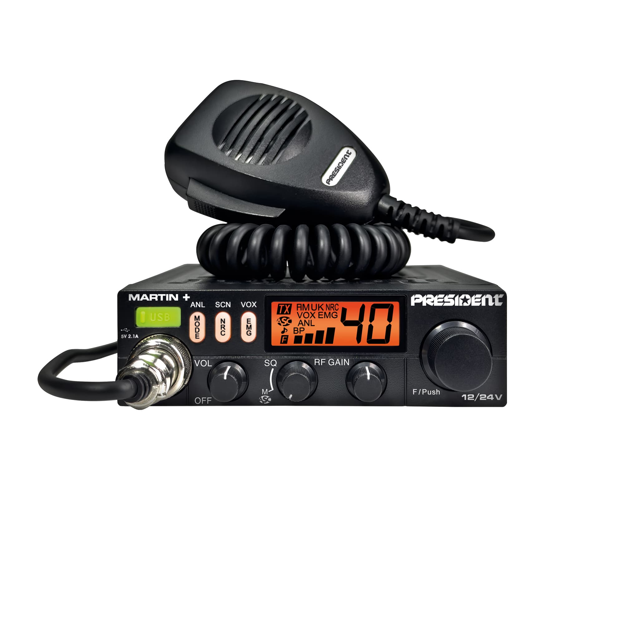 PRESIDENT MARTIN + kompaktowe radio CB 12/24V, ASC, RF Gain, NRC, port USB (President Martin Plus)