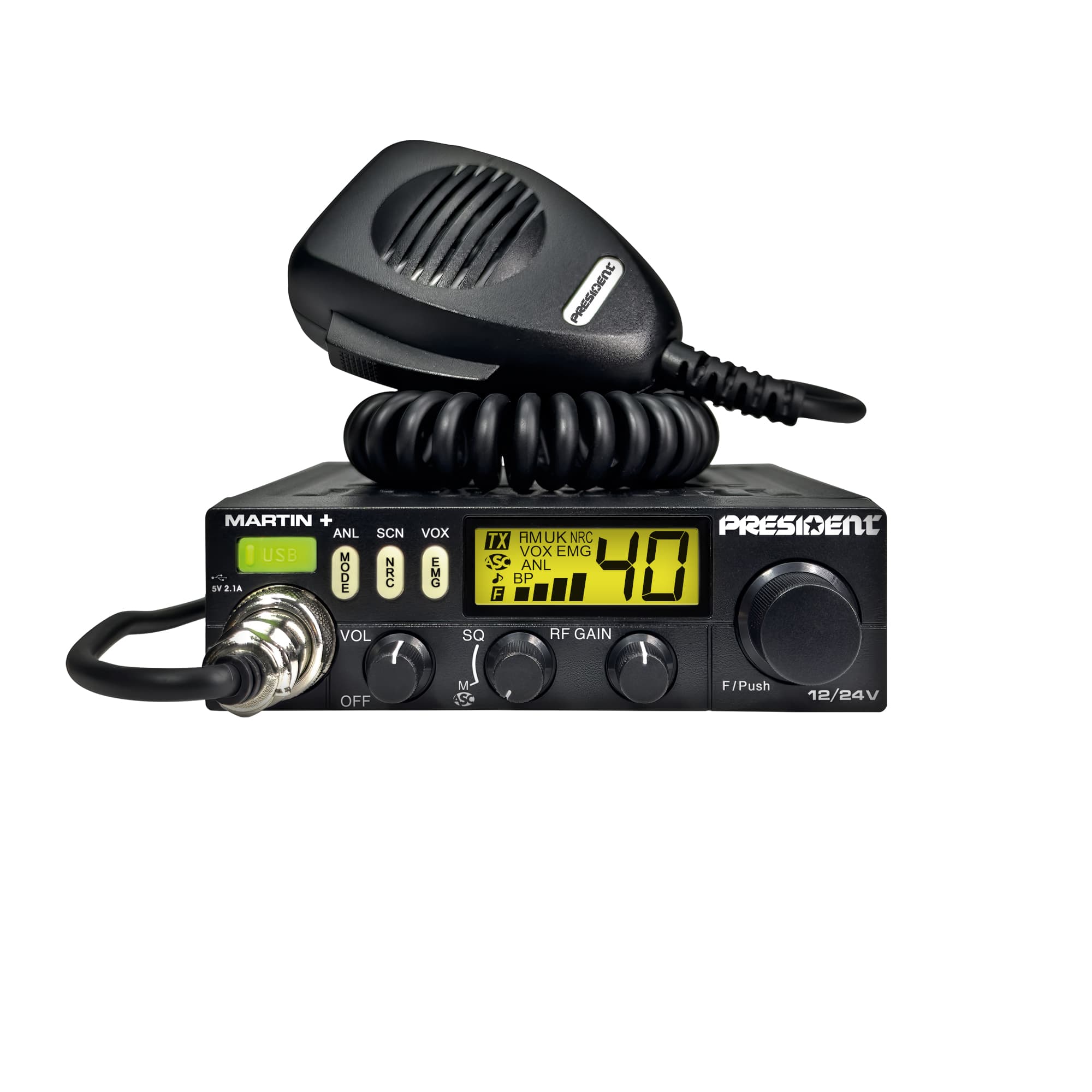 PRESIDENT MARTIN + kompaktowe radio CB 12/24V, ASC, RF Gain, NRC, port USB (President Martin Plus)