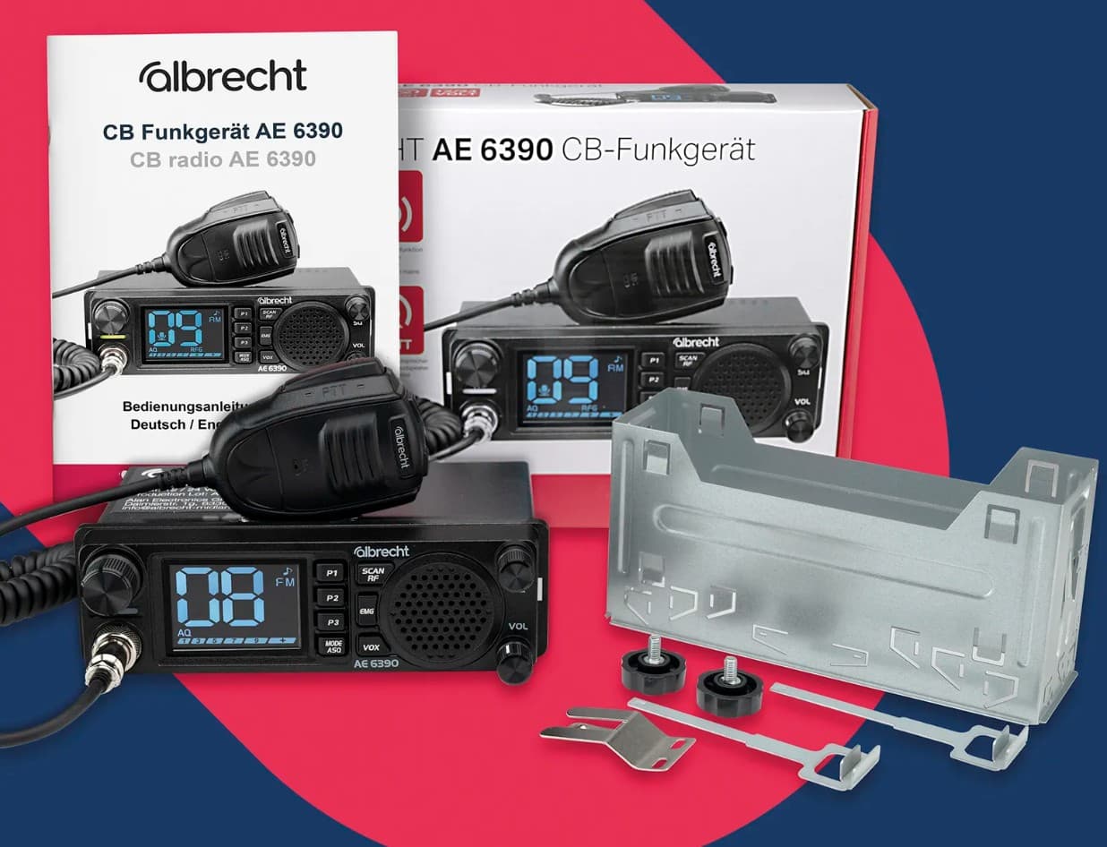 ALBRECHT AE 6390 CB radio 12/24V, montaż 1-DIN, ASQ, RF Gain, duży wyświetlacz, VOX - np. do ciężarówki, busa, traktora, kombajnu