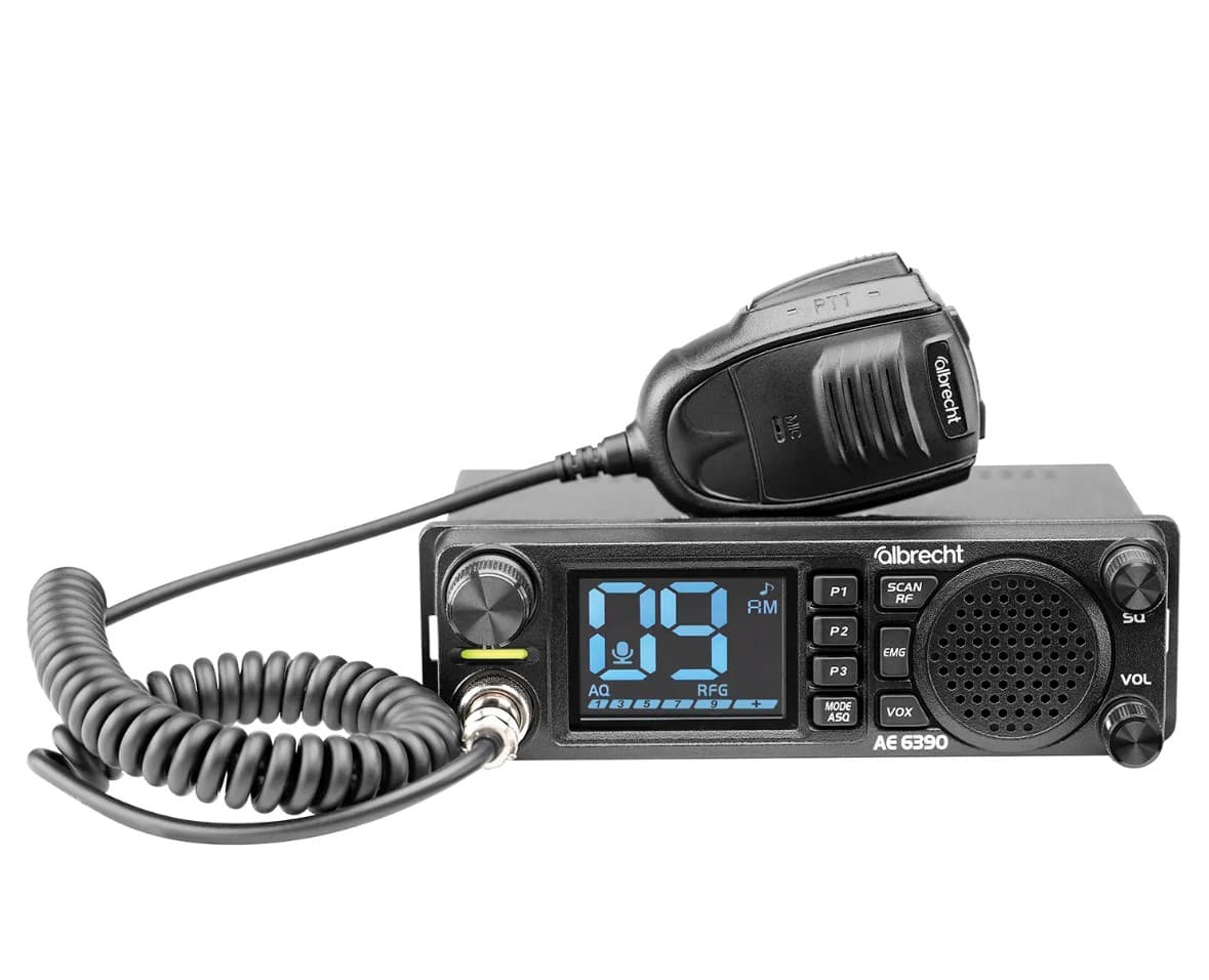 ALBRECHT AE 6390 CB radio 12/24V, montaż 1-DIN, ASQ, RF Gain, duży wyświetlacz, VOX - np. do ciężarówki, busa, traktora, kombajnu