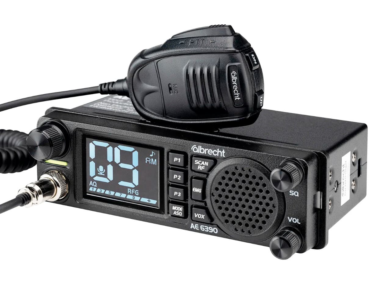 ALBRECHT AE 6390 CB radio 12/24V, montaż 1-DIN, ASQ, RF Gain, duży wyświetlacz, VOX - np. do ciężarówki, busa, traktora, kombajnu