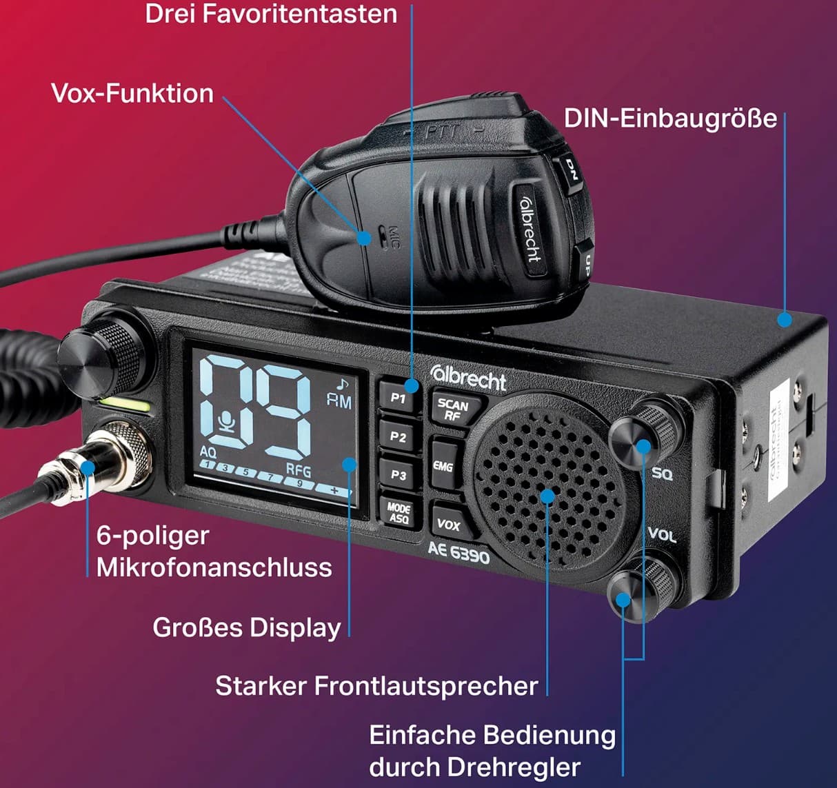ALBRECHT AE 6390 CB radio 12/24V, montaż 1-DIN, ASQ, RF Gain, duży wyświetlacz, VOX - np. do ciężarówki, busa, traktora, kombajnu