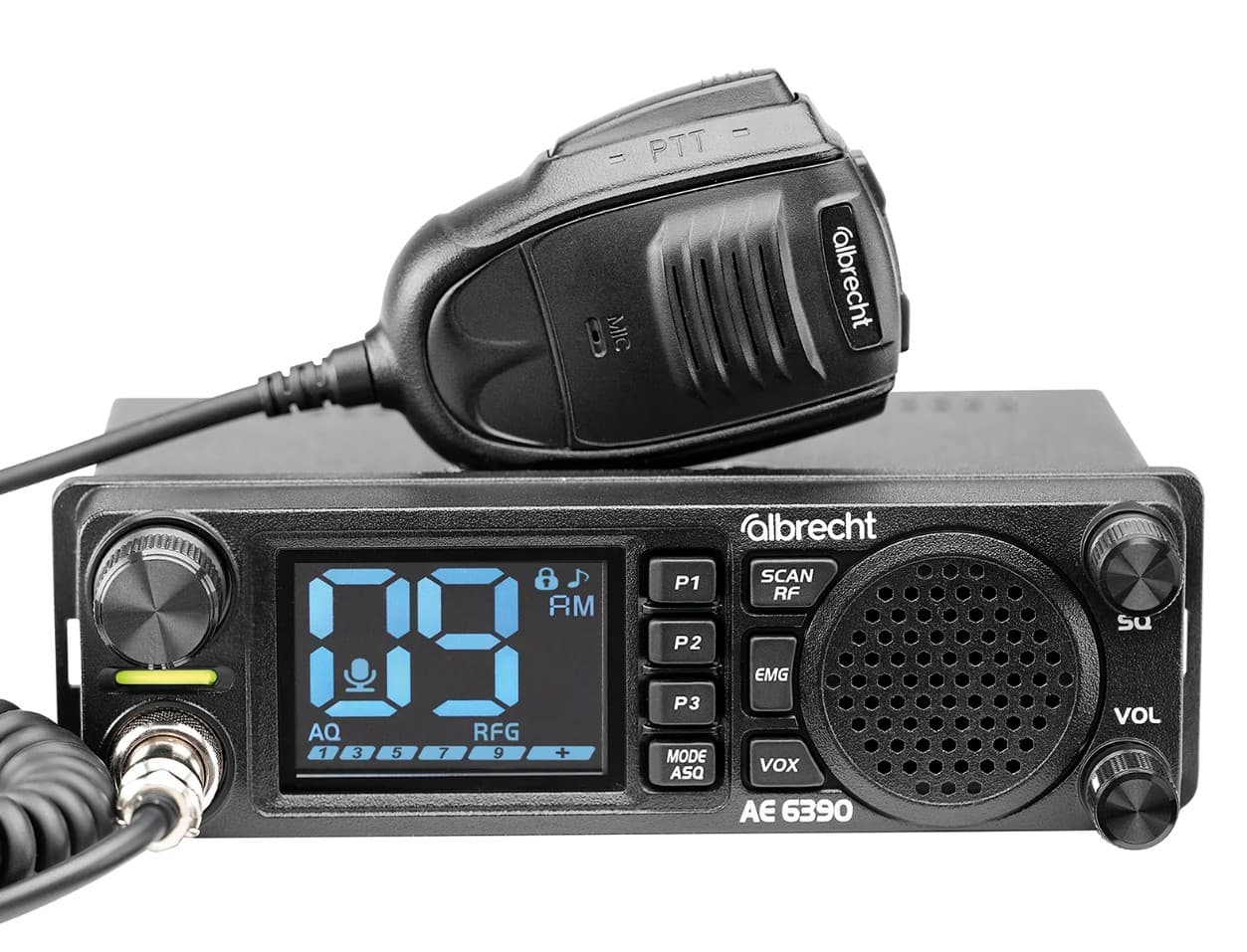 ALBRECHT AE 6390 CB radio 12/24V, montaż 1-DIN, ASQ, RF Gain, duży wyświetlacz, VOX - np. do ciężarówki, busa, traktora, kombajnu