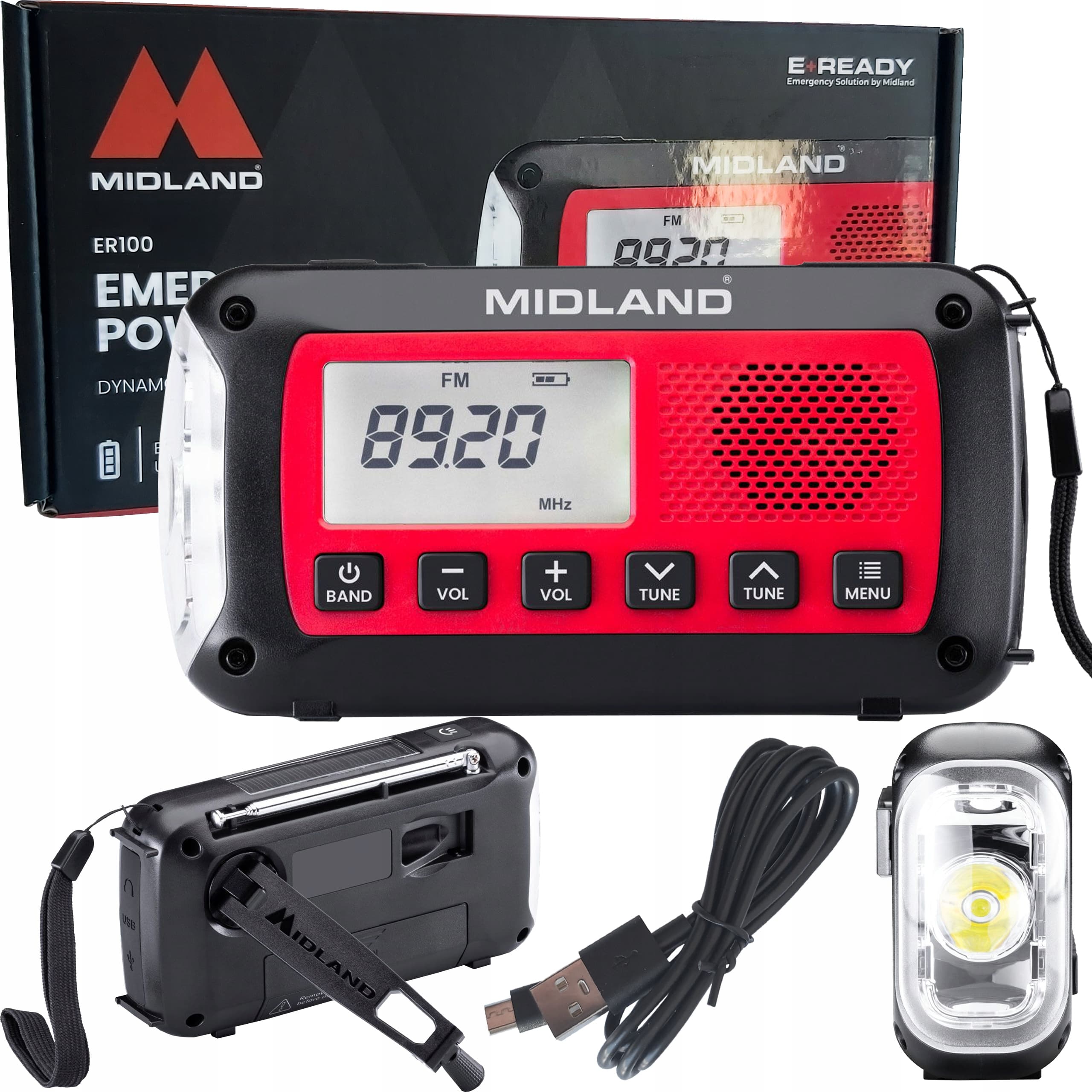 Midland ER100 przenośne radio awaryjne AM/FM z dynamem, latarką LED i powerbankiem - radio dla preppersa, survival