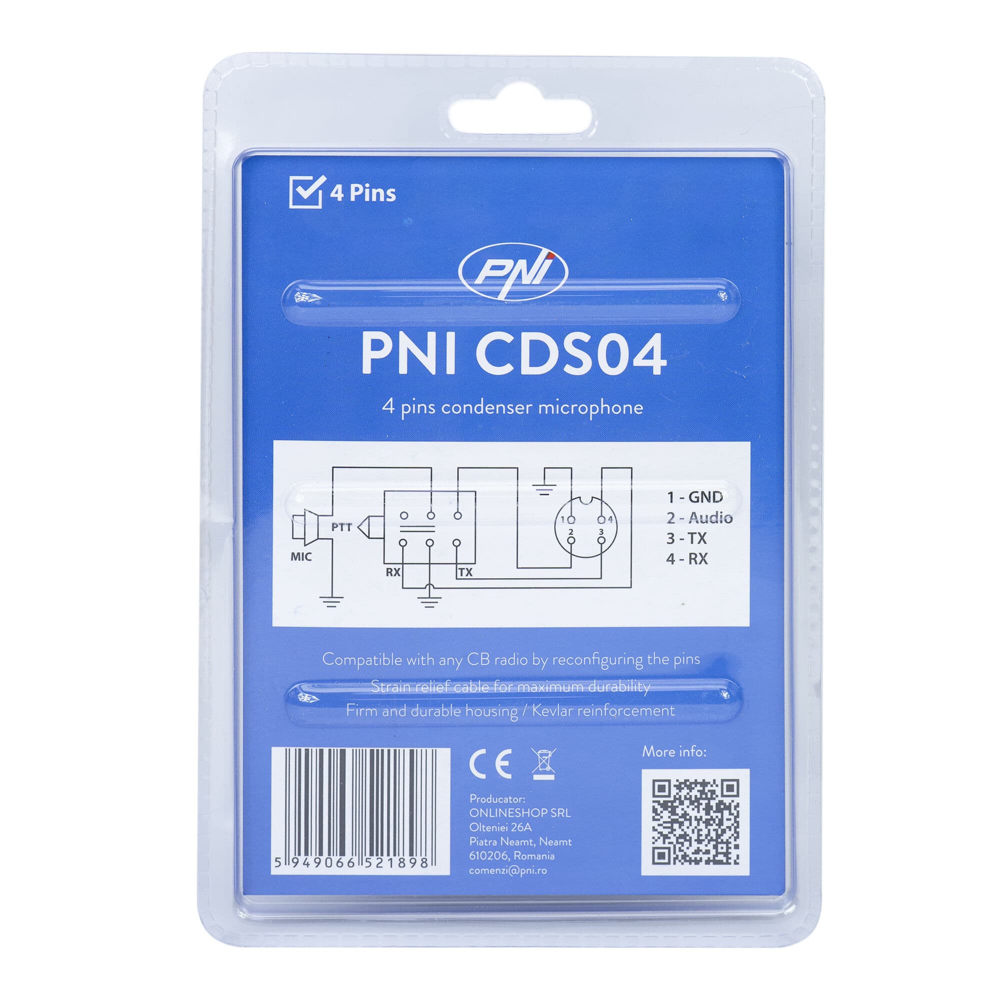PNI CDS04 mikrofon do CB radia - wtyk 4-pin np. do Uniden 520, Alan 109, Alan 100, ONWA MK3, President 4-pin - wkładka elektretowa