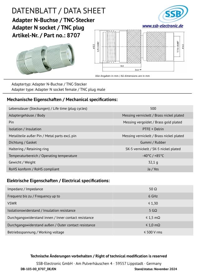 Adapter przejściówka wtyk TNC męskie / gniazdo N - SSB Electronics 8707 TNC-M/N-F