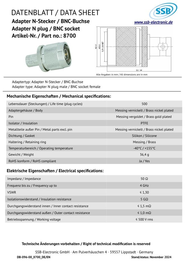 Adapter przejściówka gniazdo BNC żeńskie / wtyk męski N - SSB Electronics 8700 BNC-F/N-M