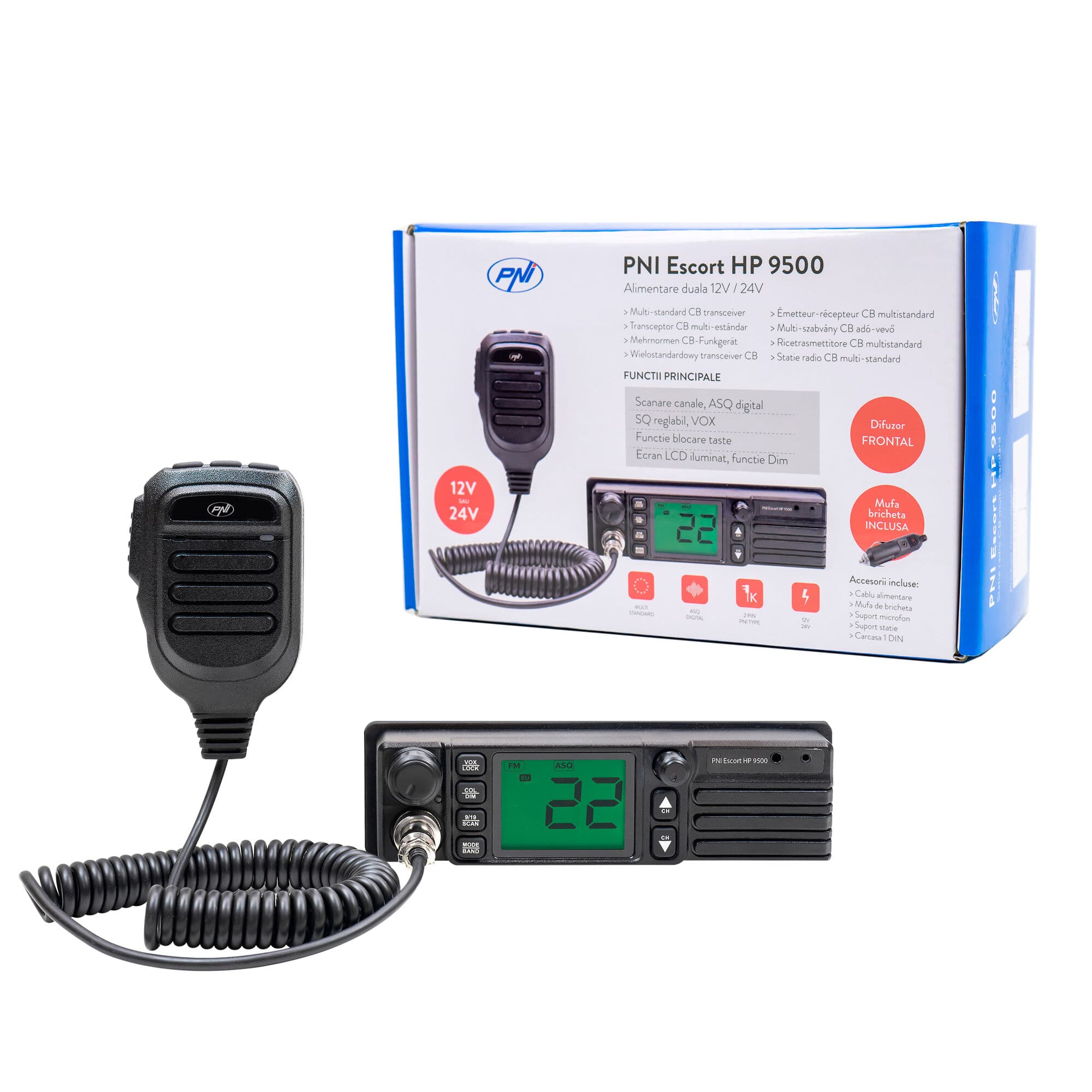 PNI Escort HP 9500 CB radio 1-DIN z głośnikiem z przodu, VOX, zasilanie 12/24V, półkieszeń - np. do ciężarówki, busa, traktora, kombajnu