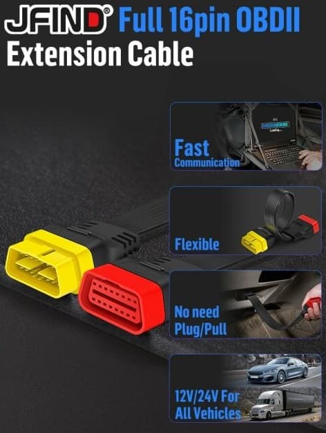 JFIND płaski przedłużacz serwisowy OBD-II 36 cm gniazdo/wtyk OBD-2 16-pin superjakość kabel 16-żyłowy np. do interfejsów diagnostycznych, GPS
