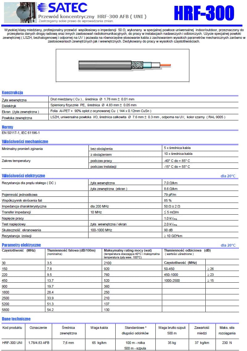 SATEC HRF-300 AFB kabel przewód niskostratny koncentryczny 50 Ohm do 6 GHz (średnica zewnętrzna 7.6mm, żyła gorąca drut, powłoka LSOH)