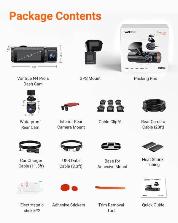 Vantrue N4 PRO S 3CH NEXUS potrójna kamera samochodowa przód + wnętrze + tył (4K + 1080P + 1440P 30FPS) PlatePix™ + HDR - idealny wideorejestrator np. do TAXI, UBER, BOLT