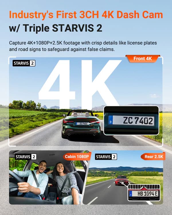Vantrue N4 PRO S 3CH NEXUS potrójna kamera samochodowa przód + wnętrze + tył (4K + 1080P + 1440P 30FPS) PlatePix™ + HDR - idealny wideorejestrator np. do TAXI, UBER, BOLT