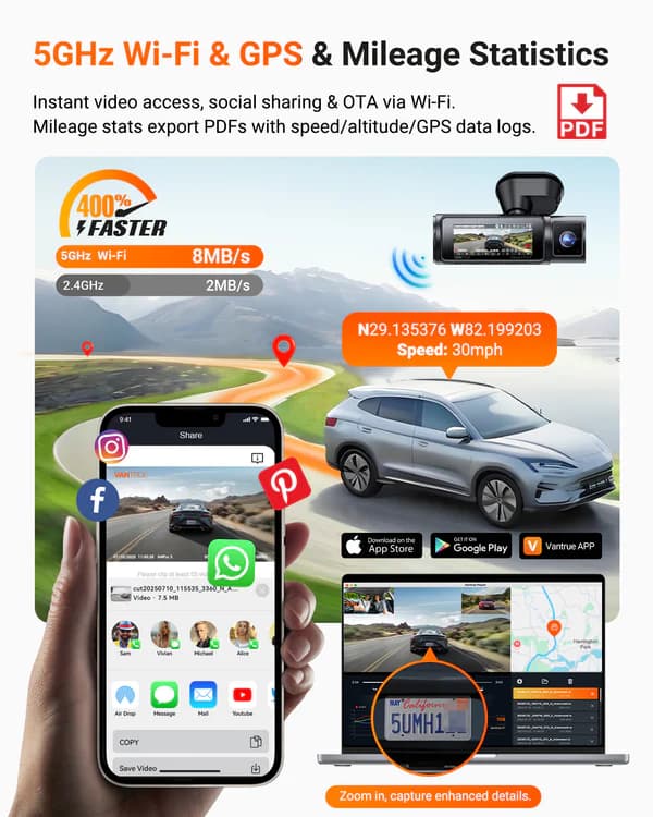 Vantrue N4 PRO S 3CH NEXUS potrójna kamera samochodowa przód + wnętrze + tył (4K + 1080P + 1440P 30FPS) PlatePix™ + HDR - idealny wideorejestrator np. do TAXI, UBER, BOLT