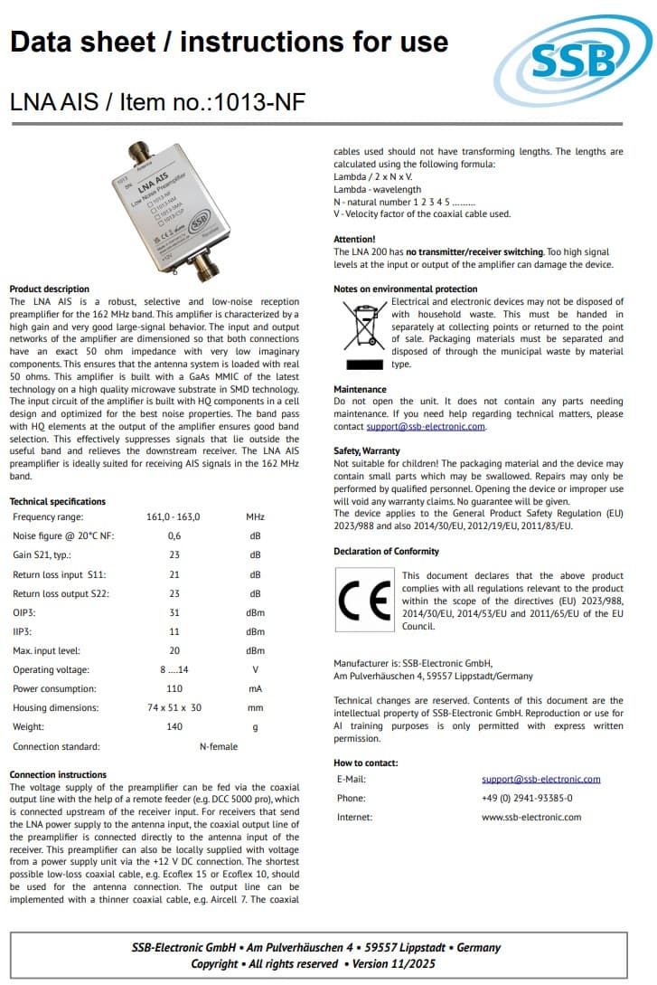 SSB DBA-270 przedwzmacniacz dual band VHF 144-146MHz / UHF 430-440MHz - do radiostacji, skanerów, odbiorników SDR