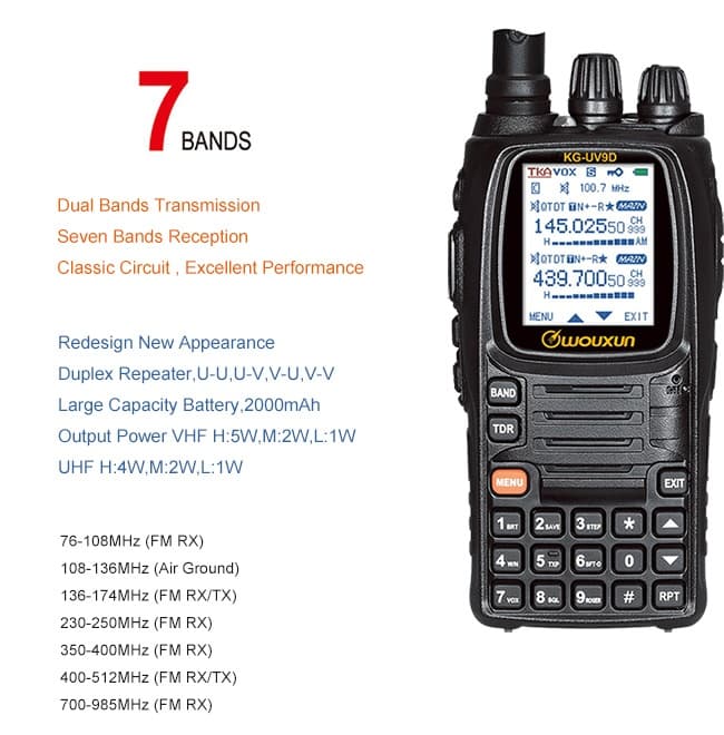 Wouxun KG-UV9D Plus - duobander VHF/UHF (136-174MHz/400-512MHz) + odbiornik 7-pasmowy (76-985MHz) m.in. AIRBAND