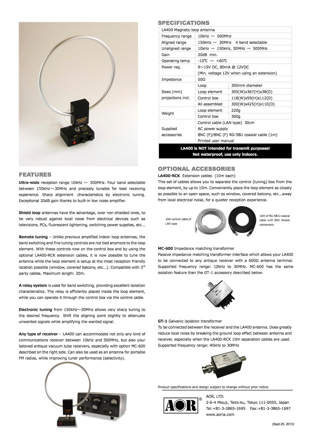 AOR LA-400 pętlowa antena magnetyczna do odbiorników 0-500MHz MADE IN JAPAN