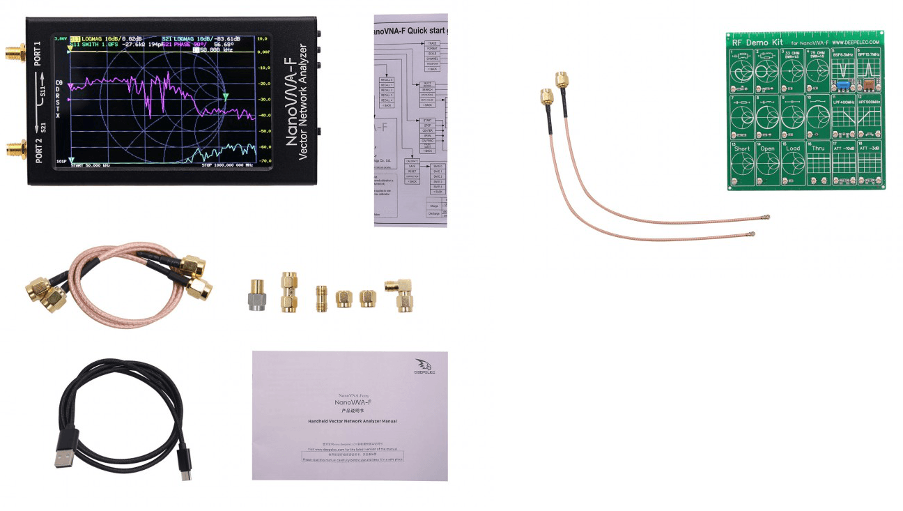 NanoVNA F + RF DEMO KIT analizator antenowy 50kHz - 1500MHz / duży dotykowy wyświetlacz 4.3", akumulator 5000mAh, płytka kalibracyjna, pełna polska instrukcja obsługi