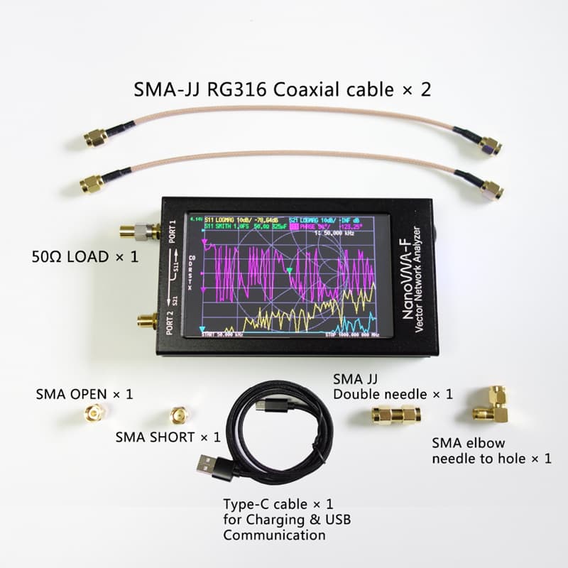 NanoVNA F + RF DEMO KIT analizator antenowy 50kHz - 1500MHz / duży dotykowy wyświetlacz 4.3", akumulator 5000mAh, płytka kalibracyjna, pełna polska instrukcja obsługi