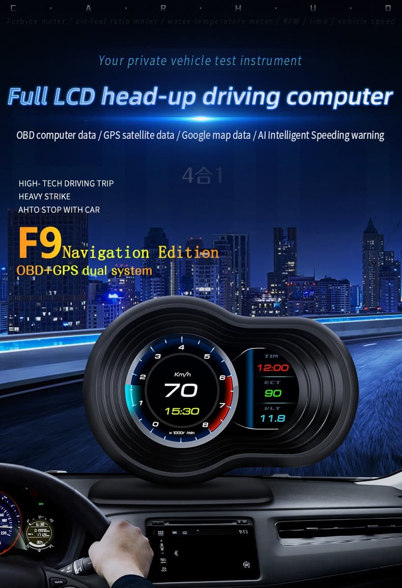 F9 Navigator Smart Digital Meter OBD-2/GPS wyświetlacz diagnostyczny np. doładowanie, temperatura oleju, obroty, pomiary, odczyt/kasowanie błędów ECU