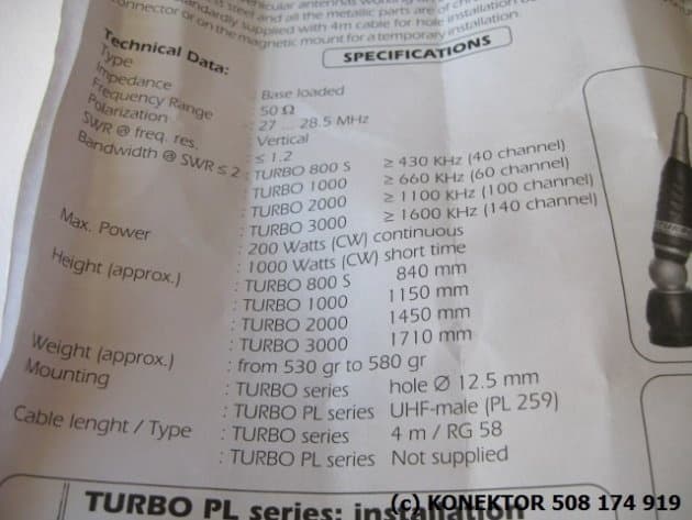 SIRIO TURBO 800 PL + magnes 16cm SIRIO Antena CB magnesowa 84cm kabel 3,60m