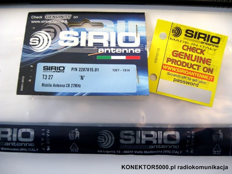SIRIO T-3 27 (T3 27) wersja z adapterem PL, antena CB helikalna DV/PL, bez okablowania