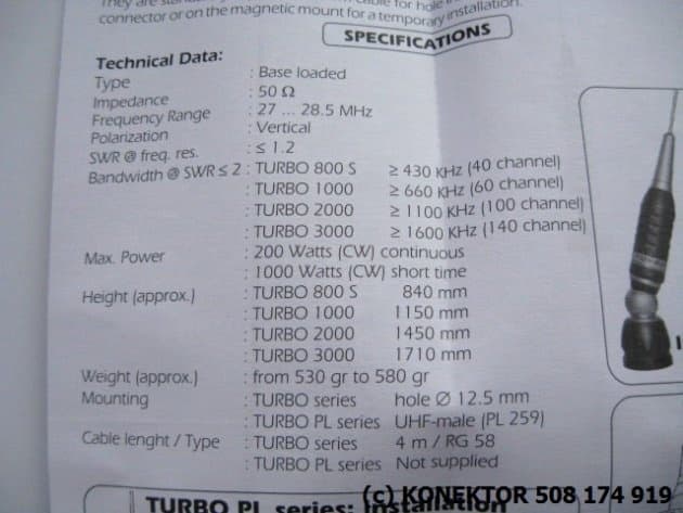 SIRIO TURBO 3000 z kablem 4m Antena CB montażowa 171cm (szybkie pochylanie)