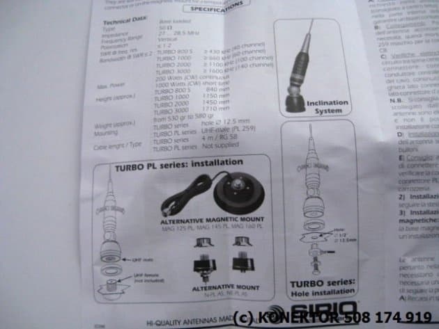 SIRIO TURBO 2000 z kablem 4m Antena CB montażowa 145cm (szybkie pochylanie)