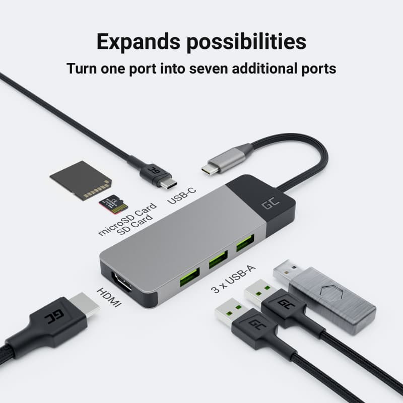 Green Cell HUB GC Connect 7w1 np. do Apple MacBook M1 / M2, Lenovo X1, Asus ZenBook, Dell XPS (3xUSB-A 3.1 HDMI 4K 60Hz USB-C PD 85W)