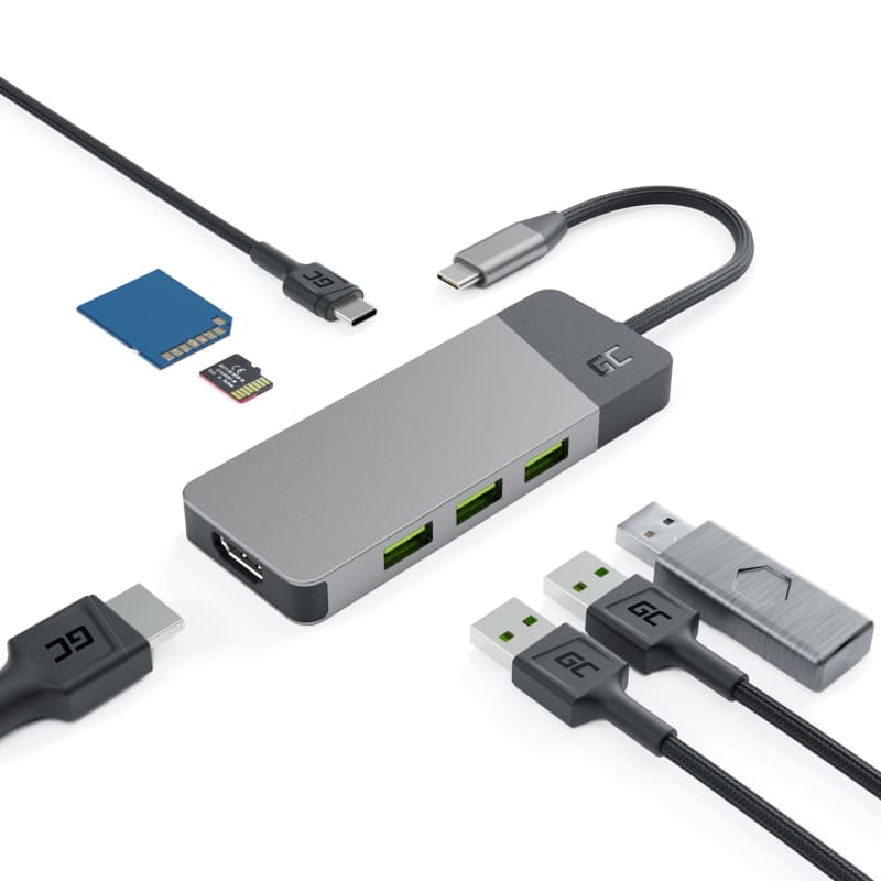Green Cell HUB GC Connect 7w1 np. do Apple MacBook M1 / M2, Lenovo X1, Asus ZenBook, Dell XPS (3xUSB-A 3.1 HDMI 4K 60Hz USB-C PD 85W)