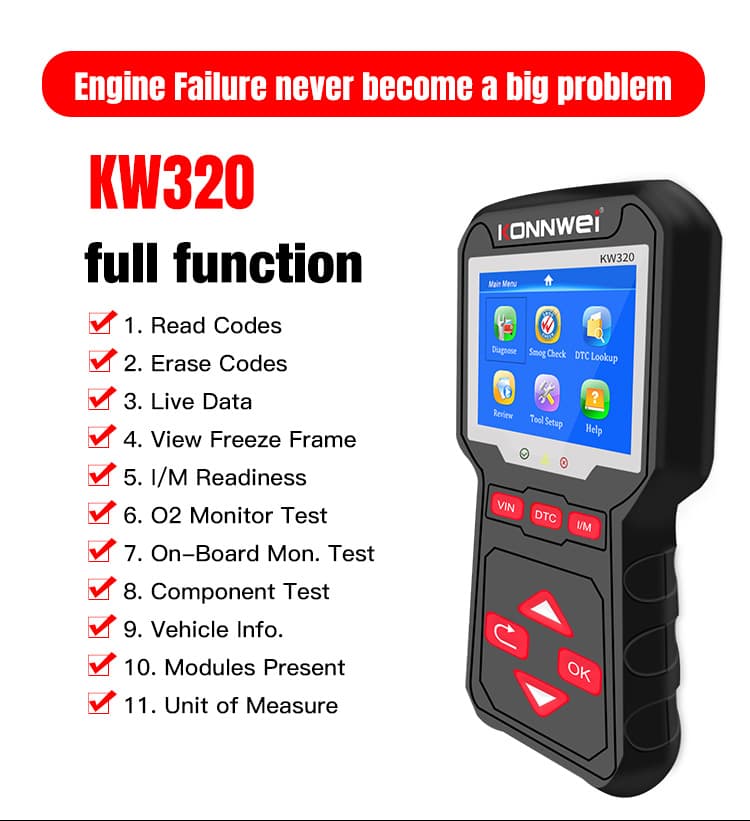 Konnwei KW320 skaner interfejs diagnostyczny OBD-2 *** POLSKIE MENU *** - odczyt/kasowanie błędów (np. check engine), uniwersalny, samochody od 2001