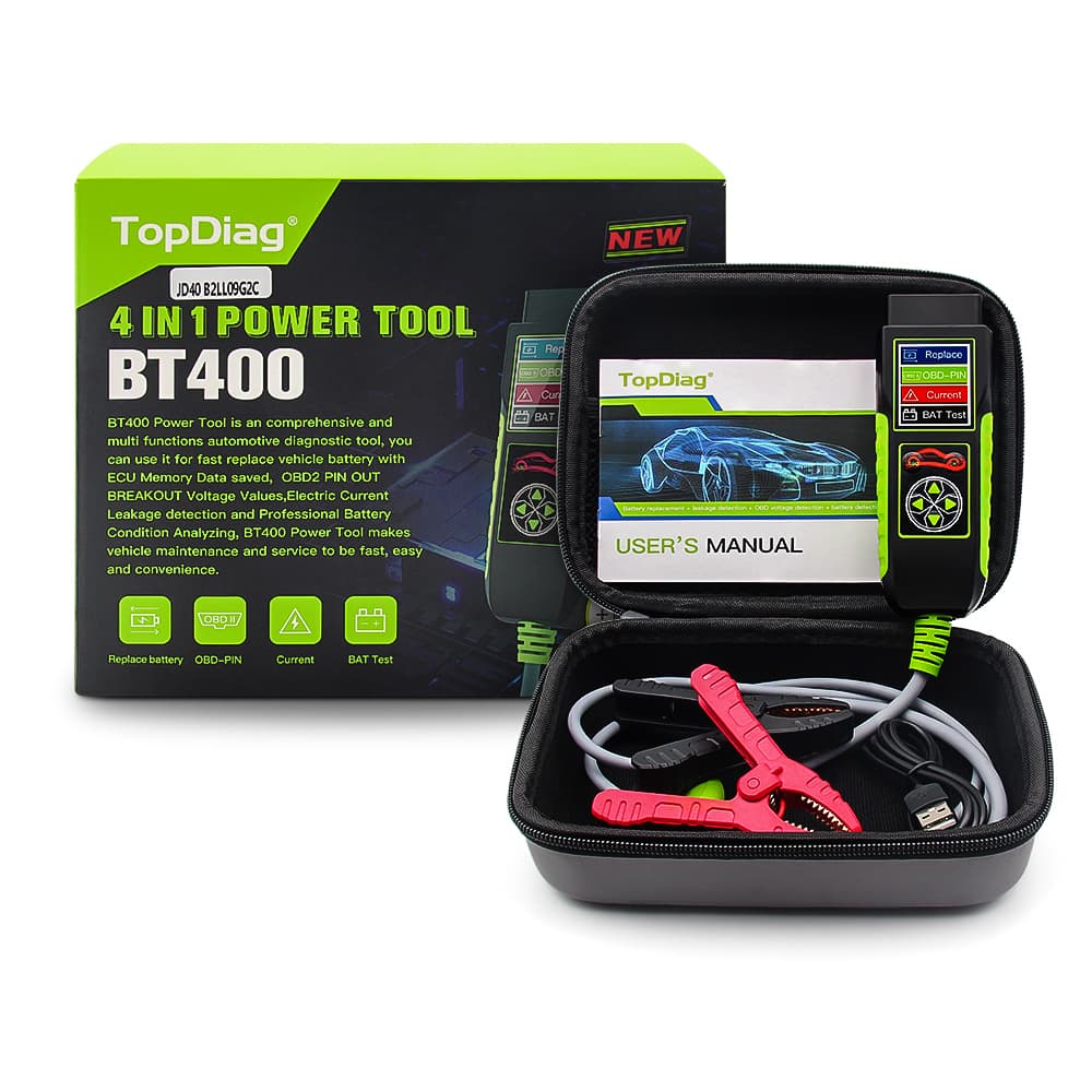 TOPDIAG BT400 PowerTool 4 in1 samochodowy tester zasilania (test baterii, podtrzymanie napięcia, piny OBD2, pobór prądu), POLSKIE MENU