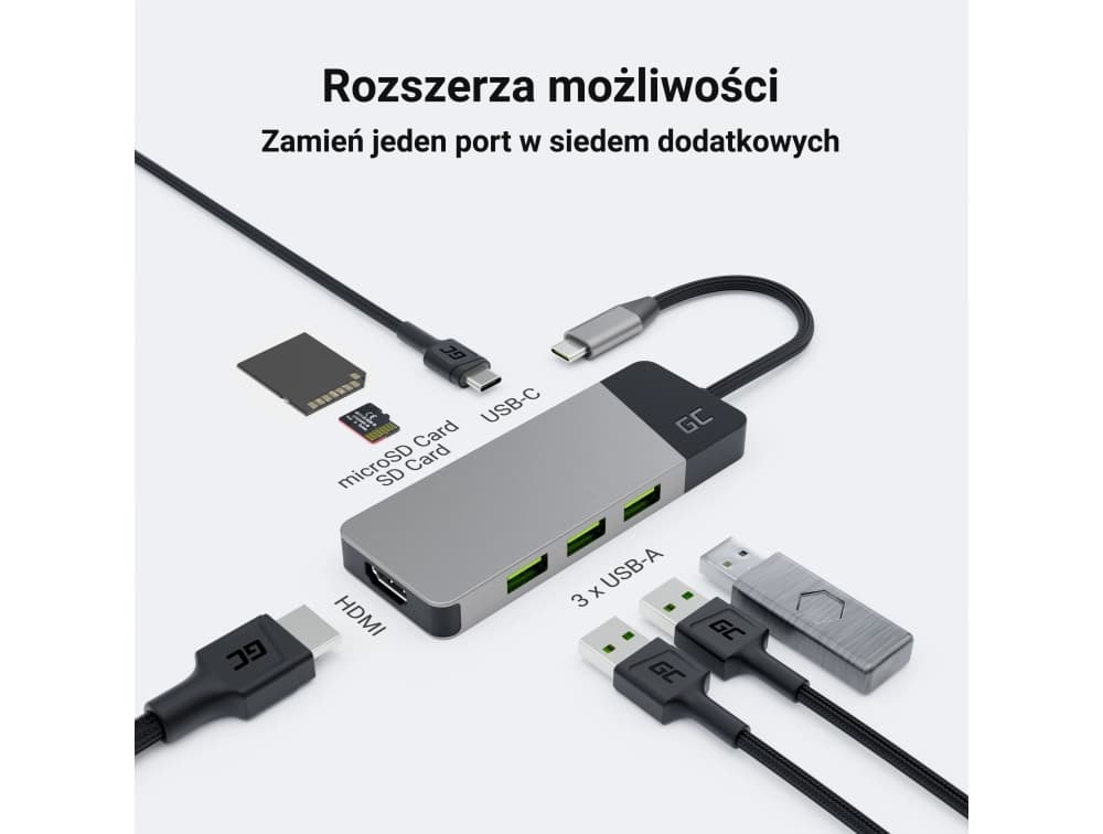 Green Cell HUB GC Connect 7w1 np. do Apple MacBook M1 / M2, Lenovo X1, Asus ZenBook, Dell XPS (3xUSB-A 3.1 HDMI 4K 60Hz USB-C PD 85W)