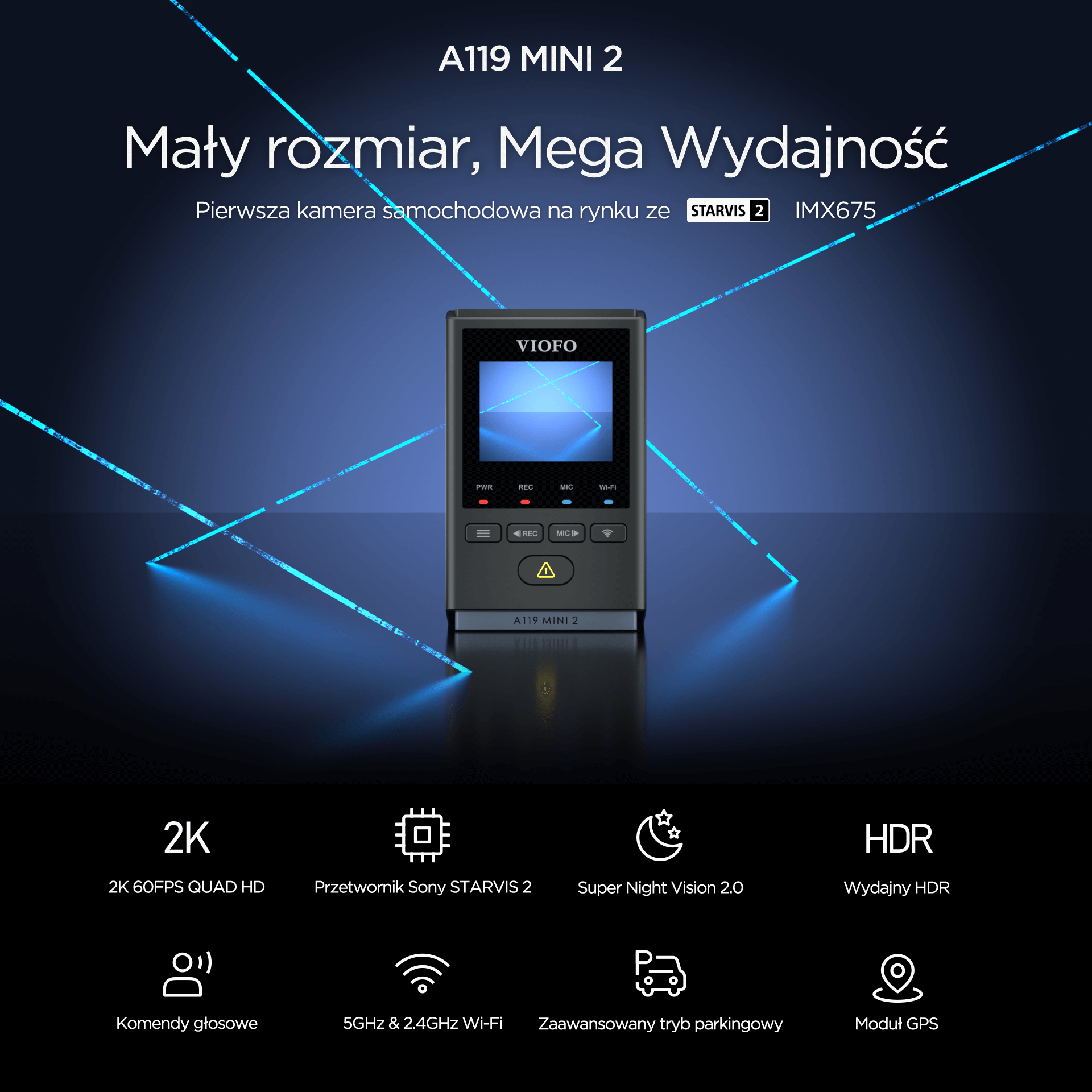 VIOFO A119 MINI 2 najmniejsza kamera samochodowa Viofo 2K HDR GPS, Sony Starvis 2, G-sensor, mikrofon, Wi-Fi, BT