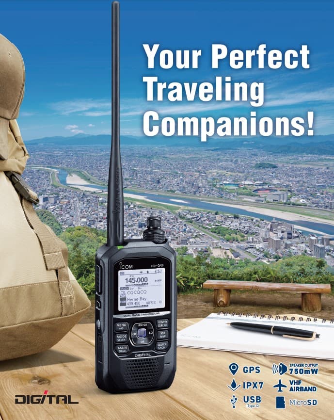 ICOM ID-50E radiotelefon ręczny VHF/UHF z D-STAR, GPS, IPX7, microSD, USB-C, VHF Airband, audio 750mW, monochromatyczny wyświetlacz - Made in Japan