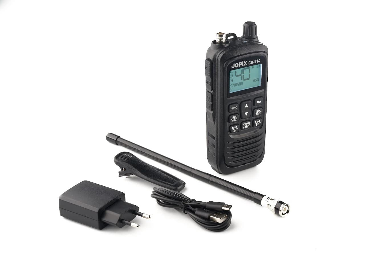 Jopix CB-514 CB radio ręczne / przenośne (ręczniak CB) automatyczna blokada szumów ASQ, redukcja szumów NRC, ładowanie USB-C