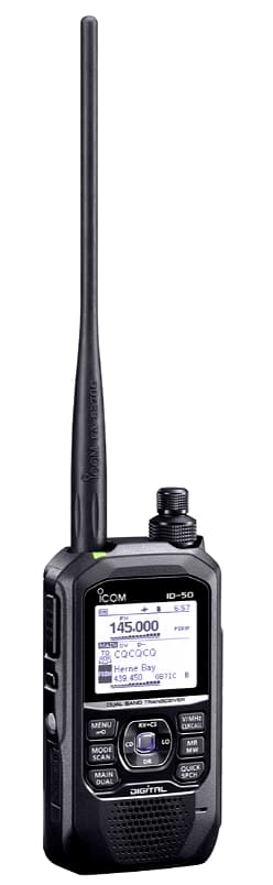 ICOM ID-50E radiotelefon ręczny VHF/UHF z D-STAR, GPS, IPX7, microSD, USB-C, VHF Airband, audio 750mW, monochromatyczny wyświetlacz - Made in Japan
