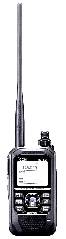 ICOM ID-50E radiotelefon ręczny VHF/UHF z D-STAR, GPS, IPX7, microSD, USB-C, VHF Airband, audio 750mW, monochromatyczny wyświetlacz - Made in Japan