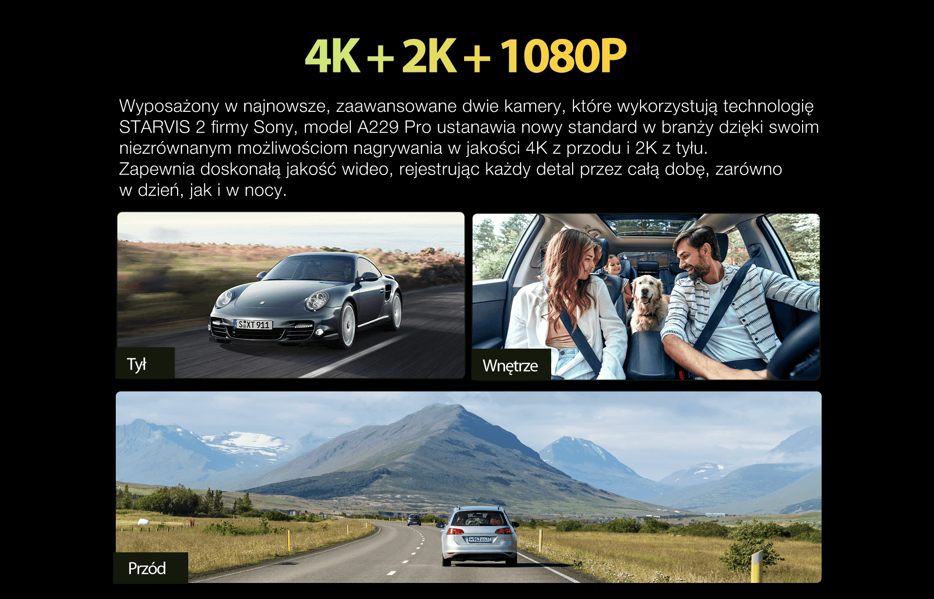 Viofo A229 Pro 2CH dyskretna kamera samochodowa przód 4K HDR + tył 2K GPS, Sony Starvis 2, G-sensor, mikrofon, Wi-Fi, BT