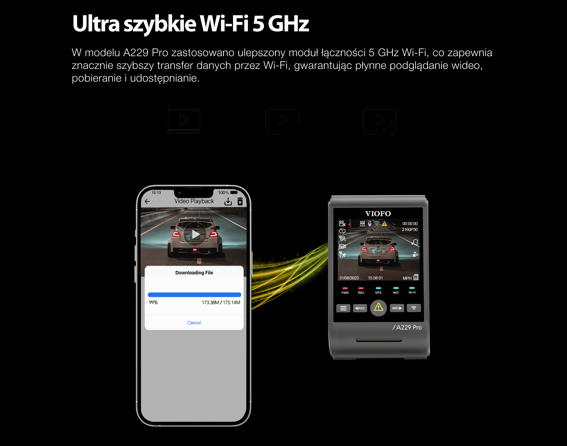 Viofo A229 Pro 2CH dyskretna kamera samochodowa przód 4K HDR + tył 2K GPS, Sony Starvis 2, G-sensor, mikrofon, Wi-Fi, BT