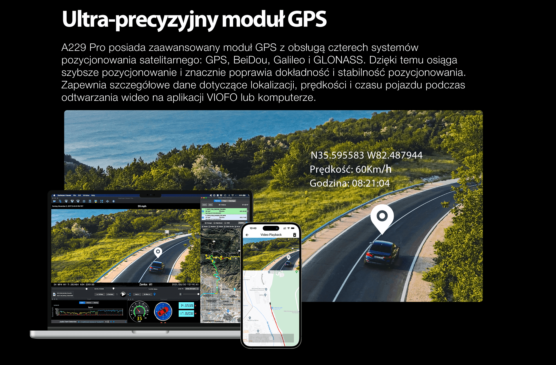 Viofo A229 Pro 2CH dyskretna kamera samochodowa przód 4K HDR + tył 2K GPS, Sony Starvis 2, G-sensor, mikrofon, Wi-Fi, BT