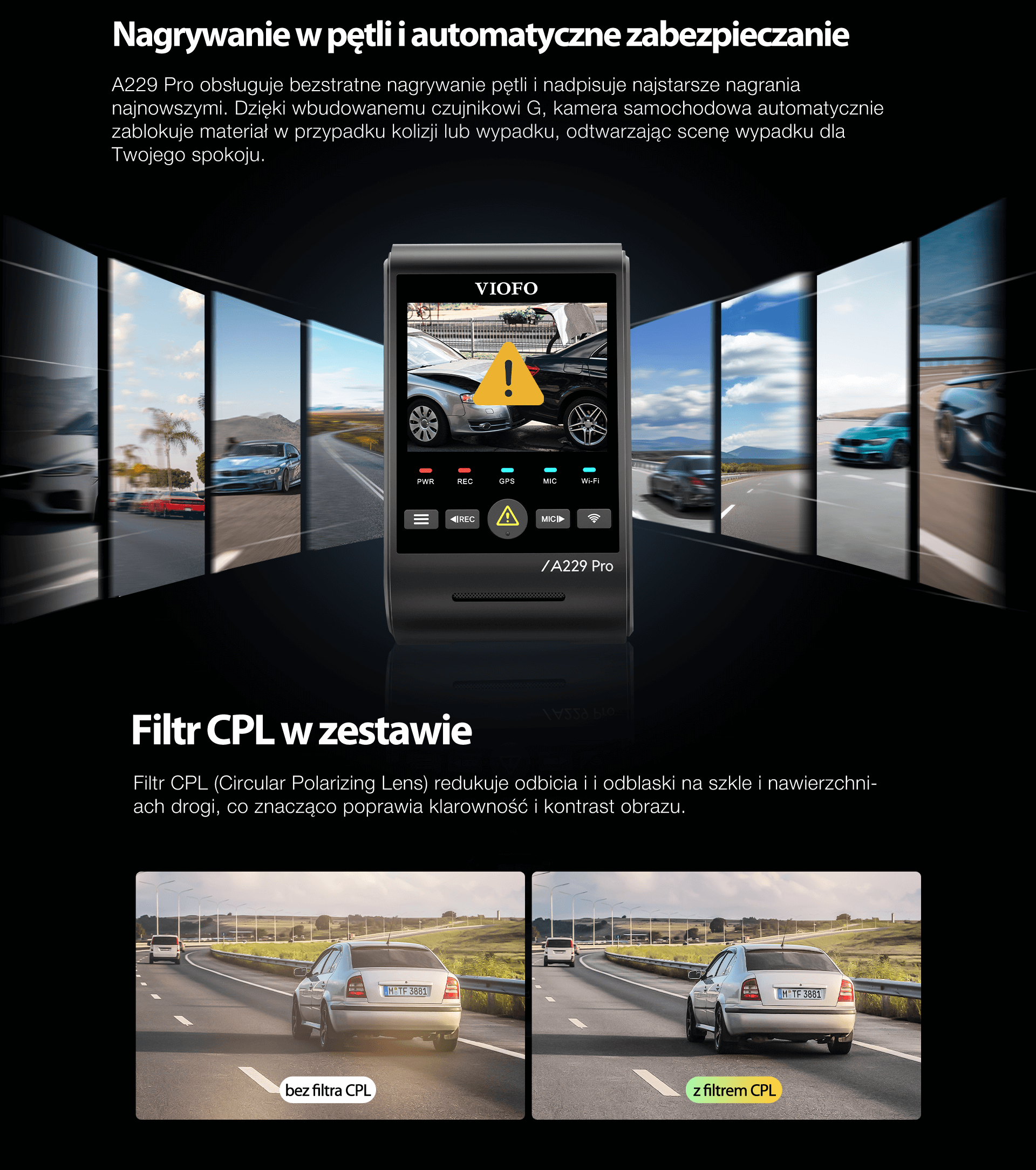Viofo A229 Pro 2CH dyskretna kamera samochodowa przód 4K HDR + tył 2K GPS, Sony Starvis 2, G-sensor, mikrofon, Wi-Fi, BT