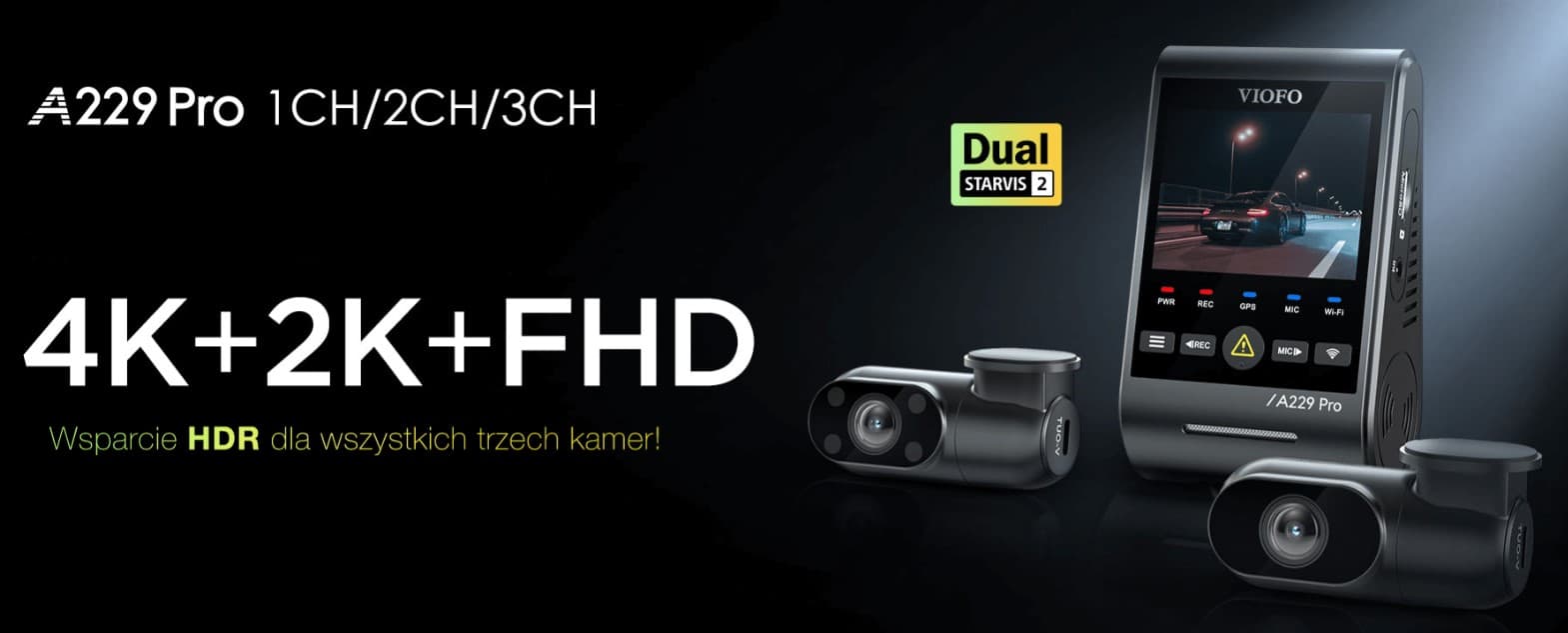 Viofo A229 Pro 3CH dyskretna kamera samochodowa przód 4K HDR + tył 2K HDR + wnętrze 1080P HDR, GPS, Sony Starvis 2, G-sensor, mikrofon, Wi-Fi, BT