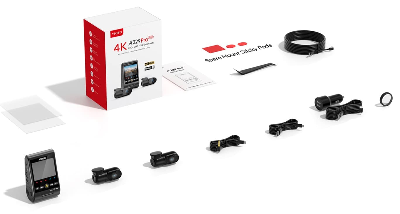 Viofo A229 Pro 3CH dyskretna kamera samochodowa przód 4K HDR + tył 2K HDR + wnętrze 1080P HDR, GPS, Sony Starvis 2, G-sensor, mikrofon, Wi-Fi, BT