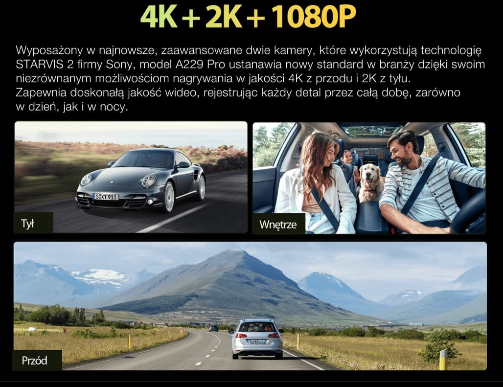 Viofo A229 Pro 3CH dyskretna kamera samochodowa przód 4K HDR + tył 2K HDR + wnętrze 1080P HDR, GPS, Sony Starvis 2, G-sensor, mikrofon, Wi-Fi, BT