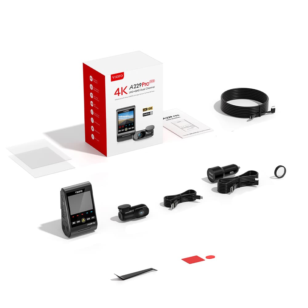 Viofo A229 Pro 2CH dyskretna kamera samochodowa przód 4K HDR + tył 2K GPS, Sony Starvis 2, G-sensor, mikrofon, Wi-Fi, BT