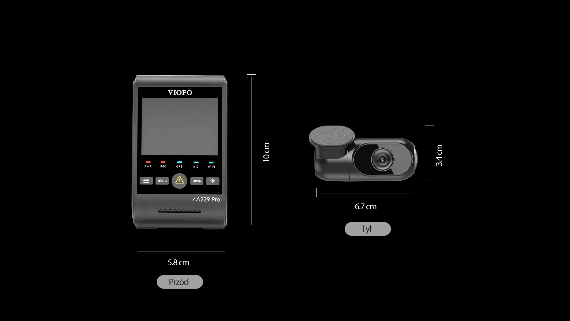 Viofo A229 Pro 2CH dyskretna kamera samochodowa przód 4K HDR + tył 2K GPS, Sony Starvis 2, G-sensor, mikrofon, Wi-Fi, BT