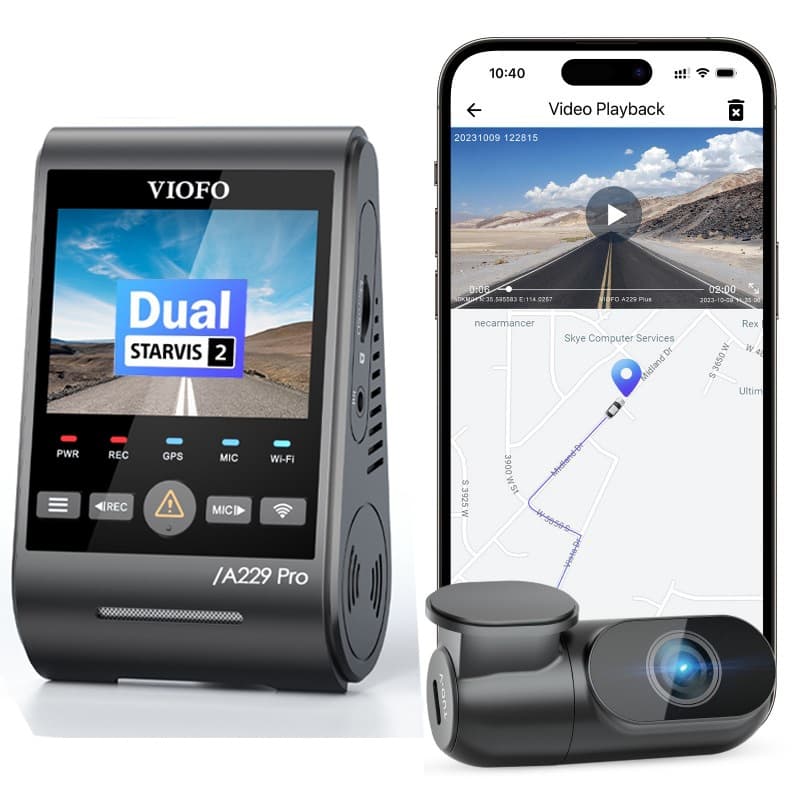 Viofo A229 Pro 2CH dyskretna kamera samochodowa przód 4K HDR + tył 2K GPS, Sony Starvis 2, G-sensor, mikrofon, Wi-Fi, BT